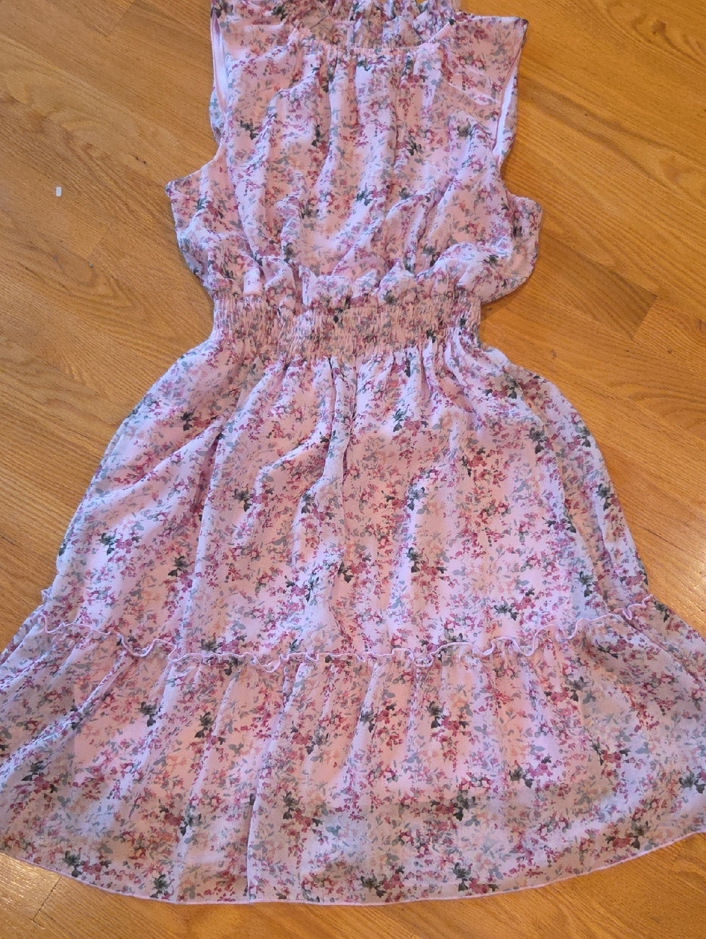 Sleeveless Pink Floral Smocked Waist Casual Dress